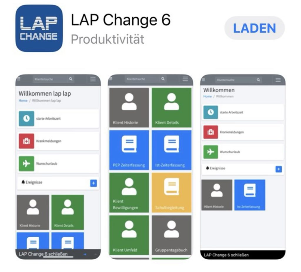 LAP Change 6 App im App Store mit drei Bildschirmansichten