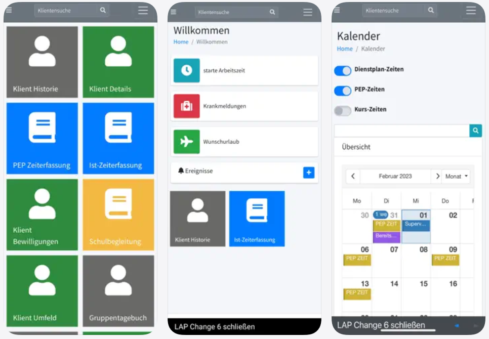 Mobile Fallverwaltung mit der LAP Change 6 App: Kachelmenü, Schnellstart und Kalender
